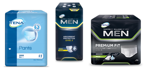 TENA Pants Normal pack, TENA Men Absorbent Protector Level 2 pack and TENA Men Premium Fit Protective Underwear pack TENA Pants Normal pack, TENA Men Absorbent Protector Level 2 pack and TENA Men Premium Fit Protective Underwear pack